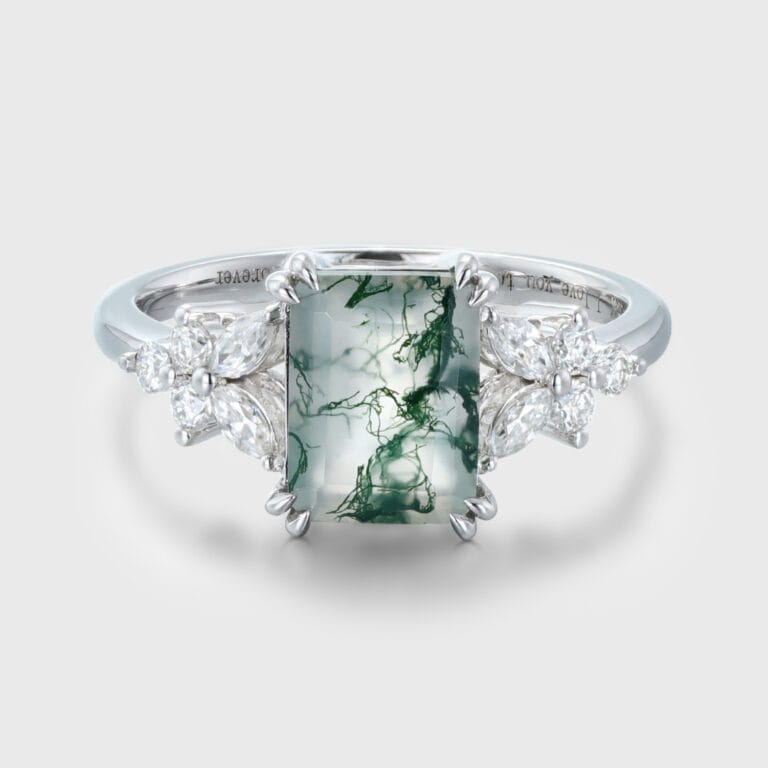 Bezel Hexagon Cut Moss Agate And Emerald Three Stone Engagement Ring In