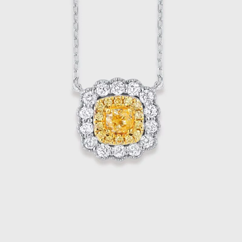 Square-Shaped Lab Grown Yellow Diamond Necklace In 18K White Gold