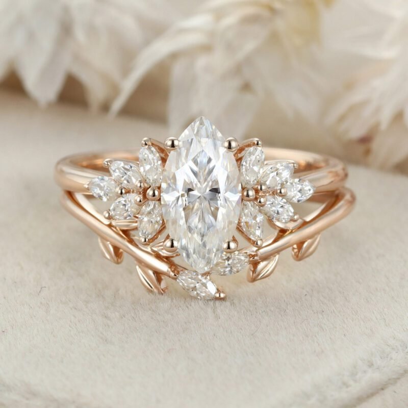 1 Carat Marquise Cut Moissanite Engagement Ring Set 14K Yellow Gold Twist Wedding Ring Bridal Promise Anniversary Gift