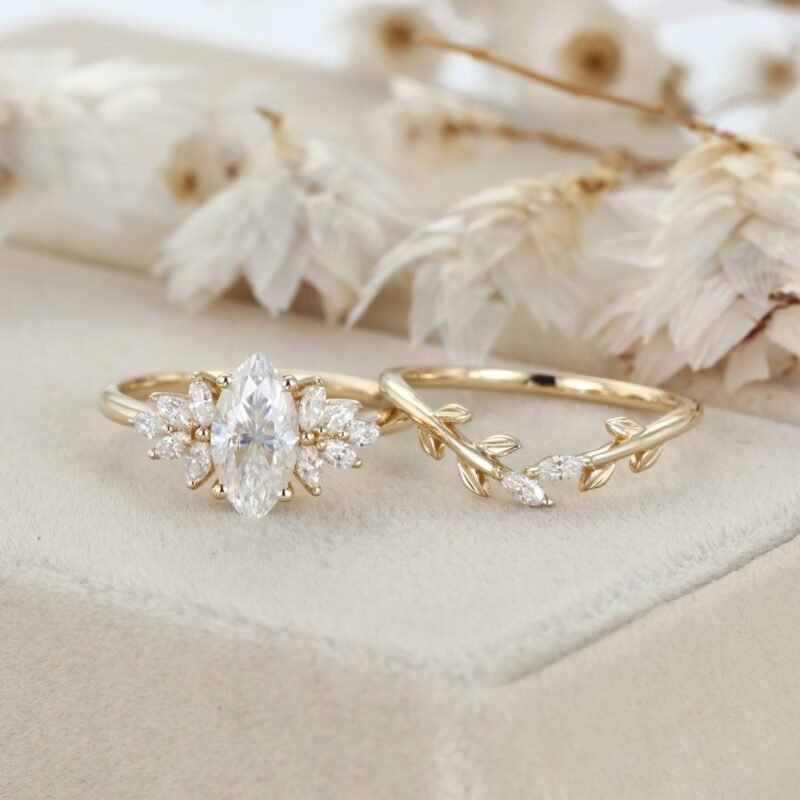 1 Carat Marquise Cut Moissanite Engagement Ring Set 14K Yellow Gold Twist Wedding Ring Bridal Promise Anniversary Gift