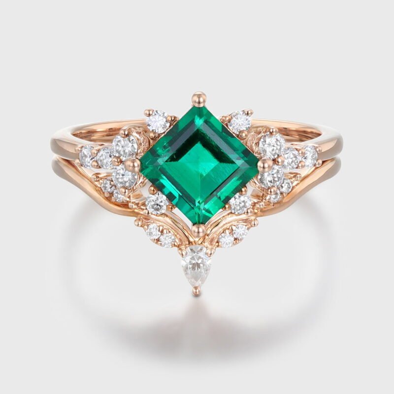 1 Carat Princess Cut Lab-Grown Emerald Engagement Ring Set Vintage 14K Rose Gold Ring