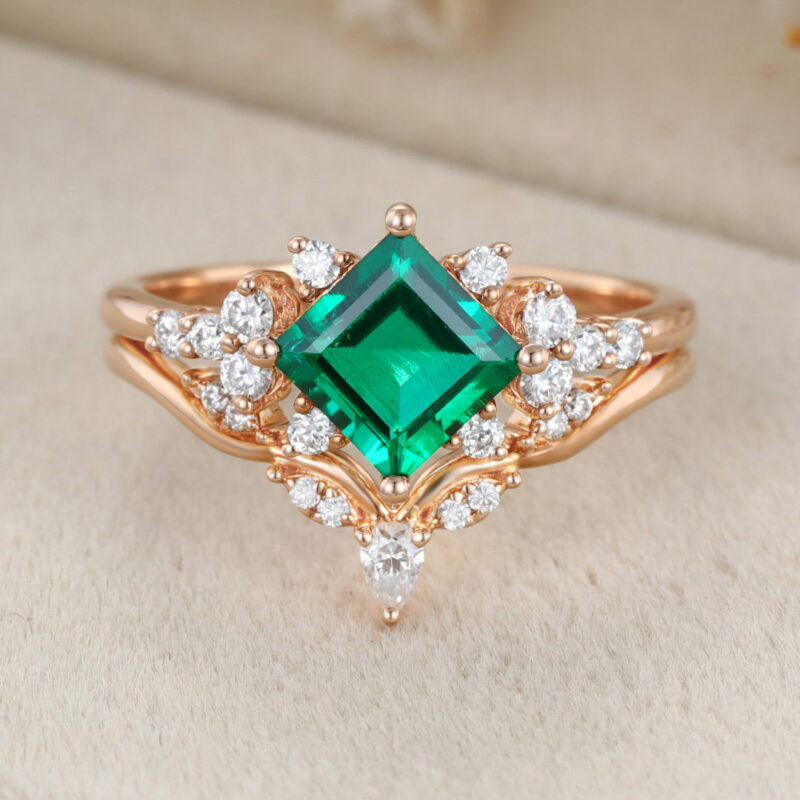 1 Carat Princess Cut Lab-Grown Emerald Engagement Ring Set Vintage 14K Rose Gold Ring