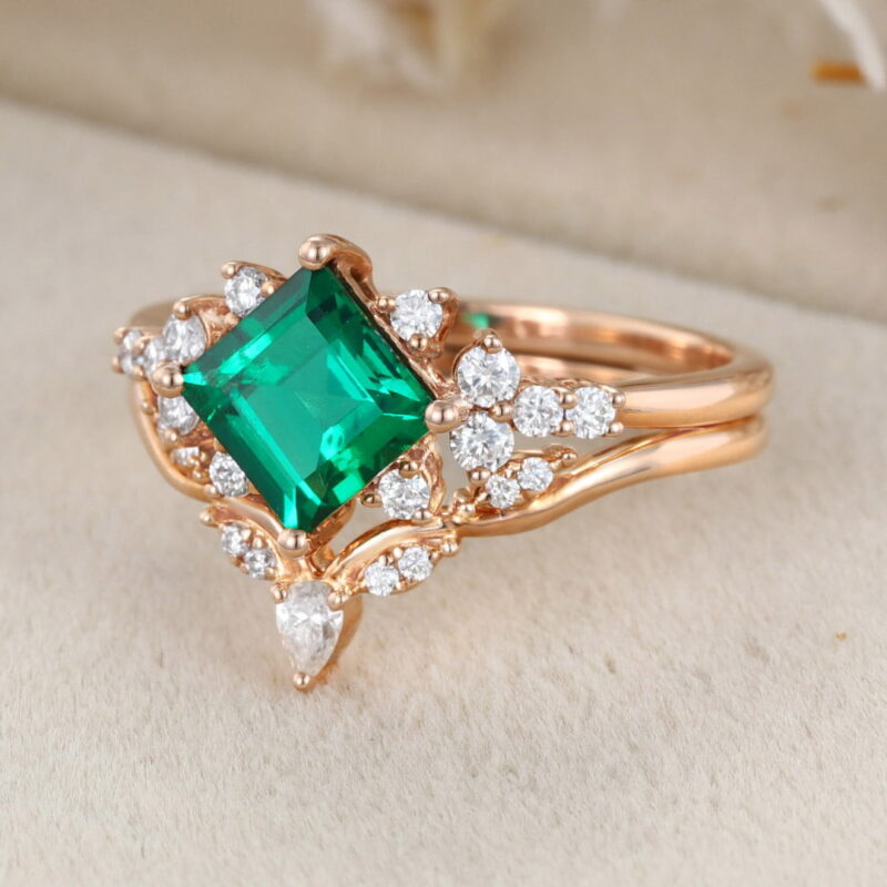 1 Carat Princess Cut Lab-Grown Emerald Engagement Ring Set Vintage 14K Rose Gold Ring