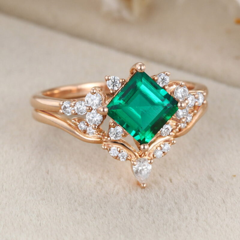 1 Carat Princess Cut Lab-Grown Emerald Engagement Ring Set Vintage 14K Rose Gold Ring