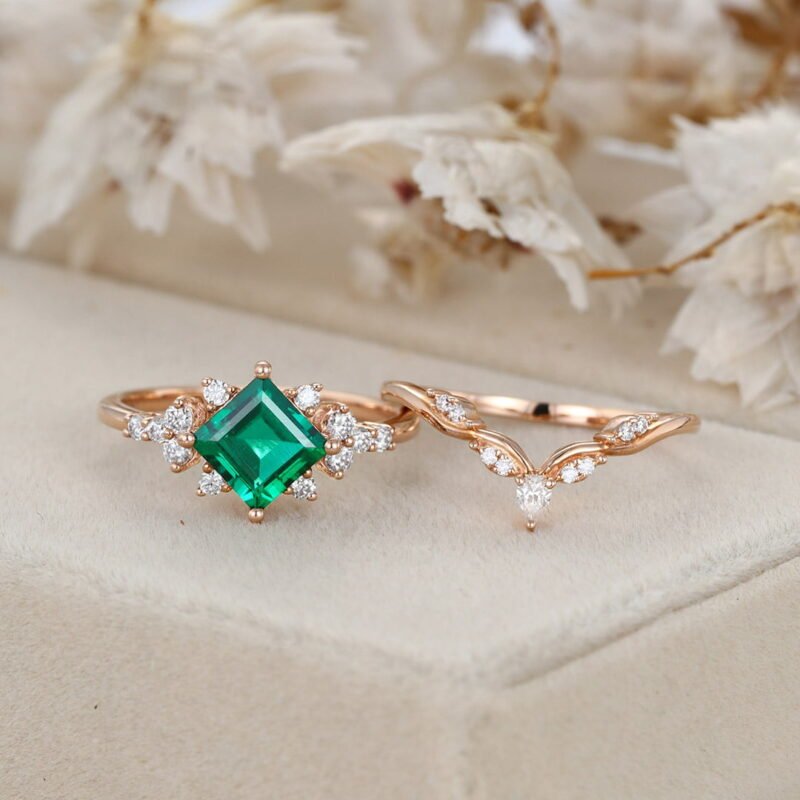 1 Carat Princess Cut Lab-Grown Emerald Engagement Ring Set Vintage 14K Rose Gold Ring