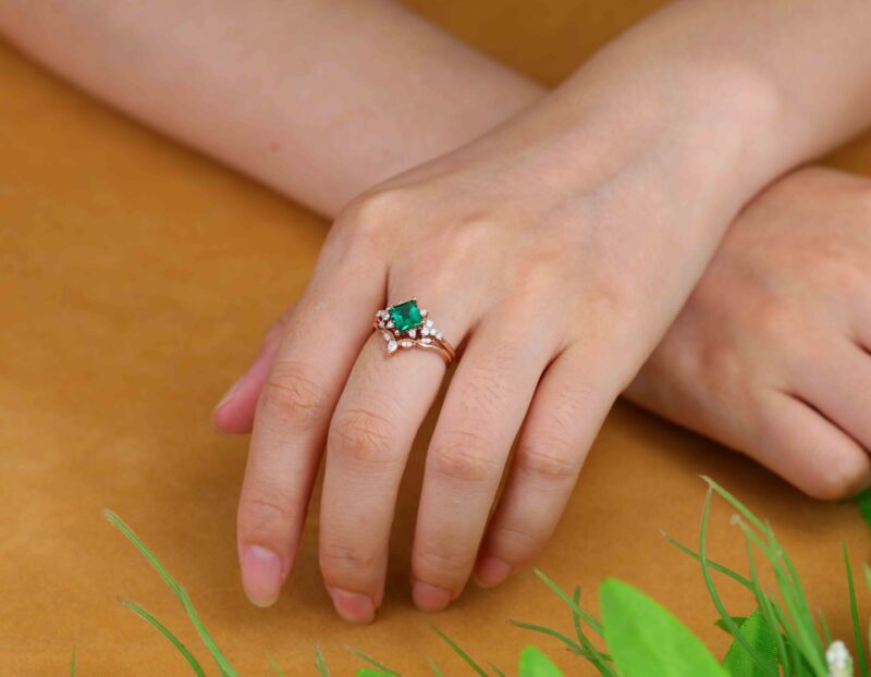 1 Carat Princess Cut Lab-Grown Emerald Engagement Ring Set Vintage 14K Rose Gold Ring