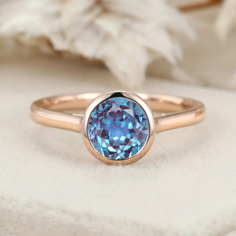 1 Carat Round Bezel Alexandrite Ring Rose gold ring Brilliant Cut Alexandrite Engagement Ring Dainty Promise Ring Solitaire Bezel Ring