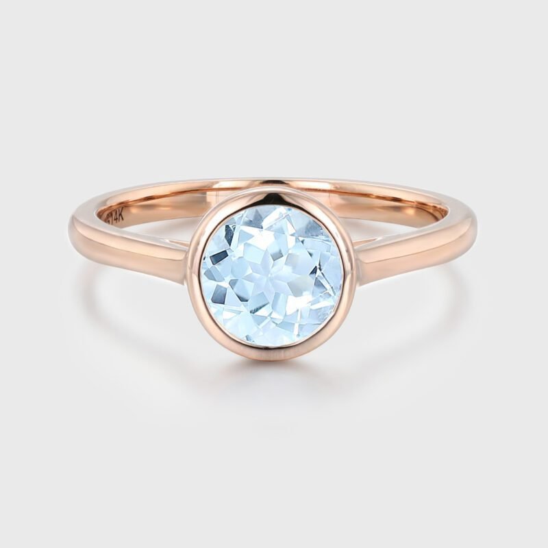 1 Carat Round Bezel Aquamarine Ring 14K Rose gold Aquamarine Engagement Ring Dainty Promise Ring Solitaire Bezel Ring Anniversary Gift