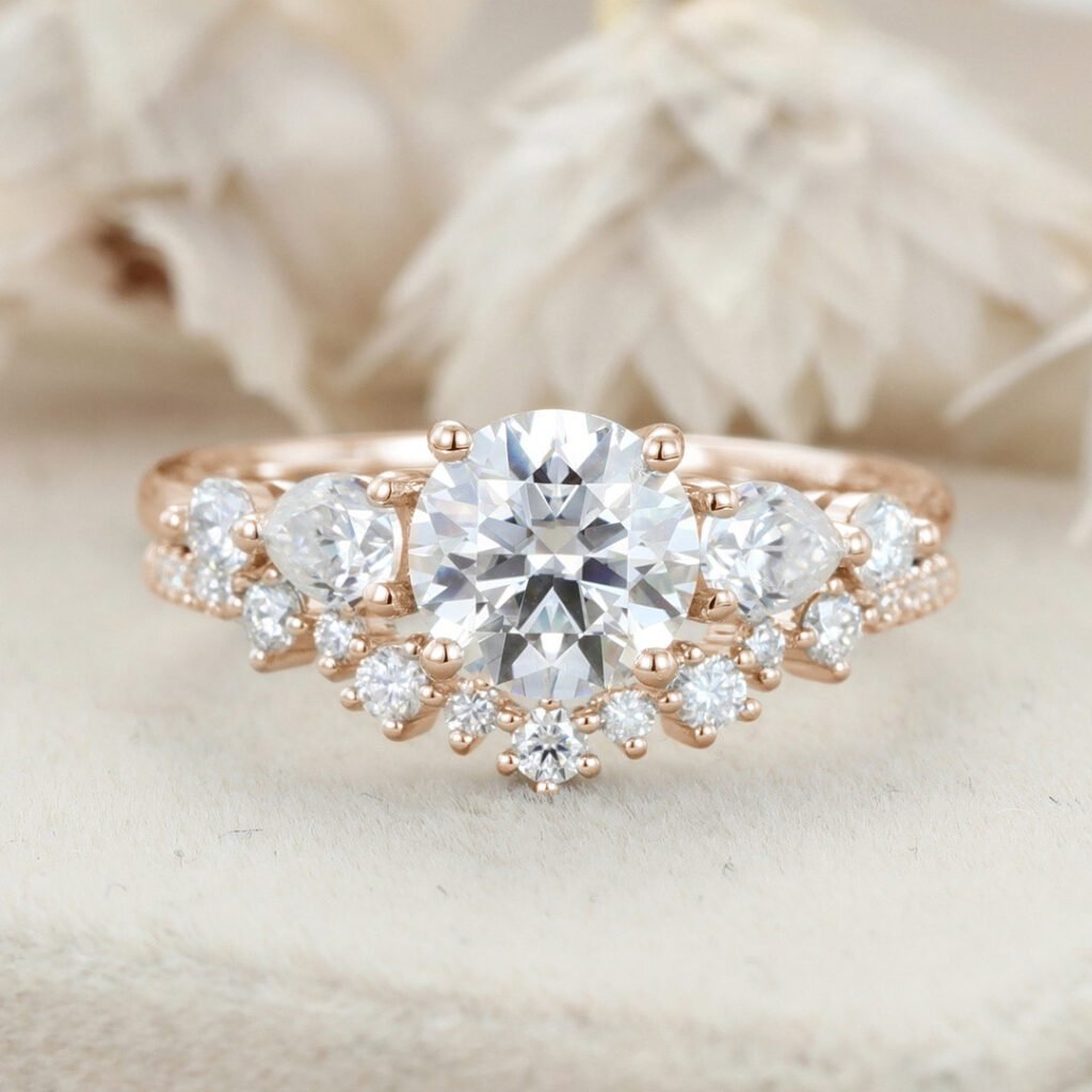 1 Carat Round Moissanite Engagement Ring Set White Gold Cluster Diamond ...