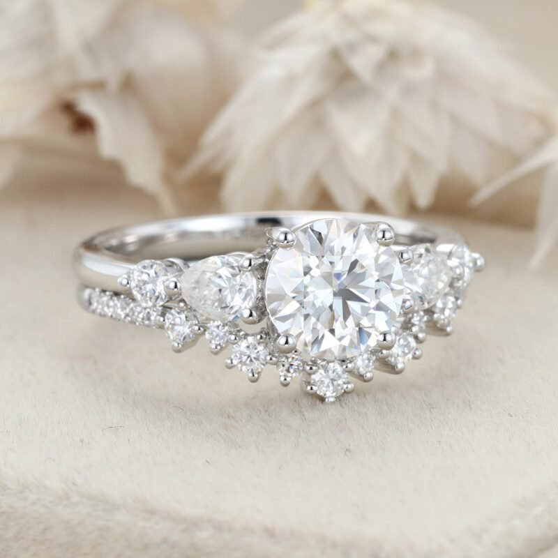 1 Carats Round Moissanite Engagement Ring Set White Gold Cluster Diamond Wedding Band Anniversary Gift