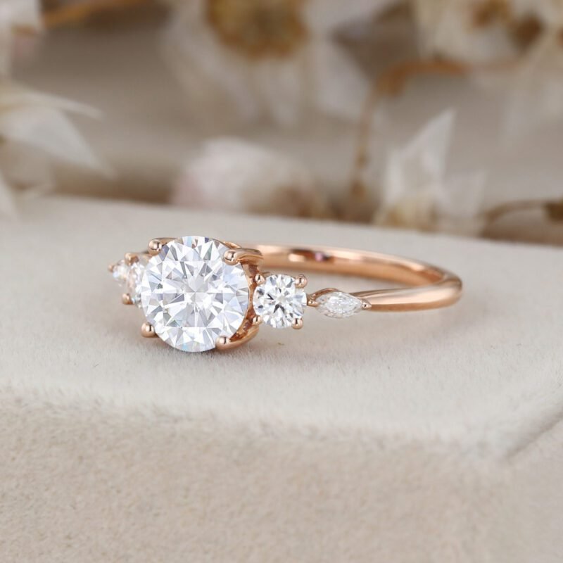 1 Ct Round Cut Moissanite Cluster Engagement Ring In Vintage 14k Rose Gold