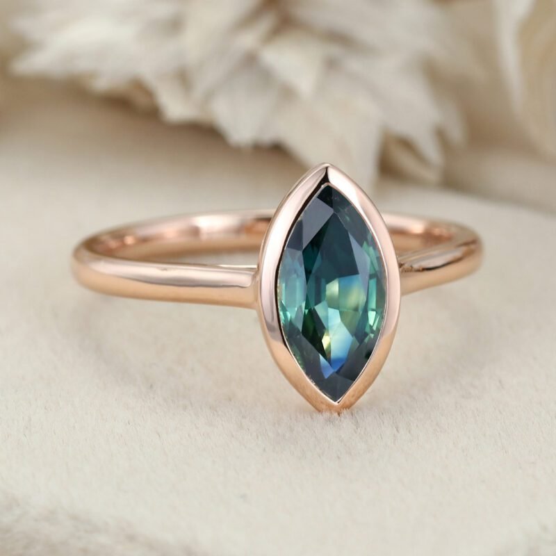 1.0 Ct Marquise Cut Lab Blue Green Sapphire Solitaire Engagement Ring 14K Rose Gold Bezel Set Anniversary Ring For Her