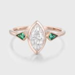 1 Carat Bezel Set Marquise Cut Moissanite and Emerald Three Stone Promise Ring In 14K Rose Gold