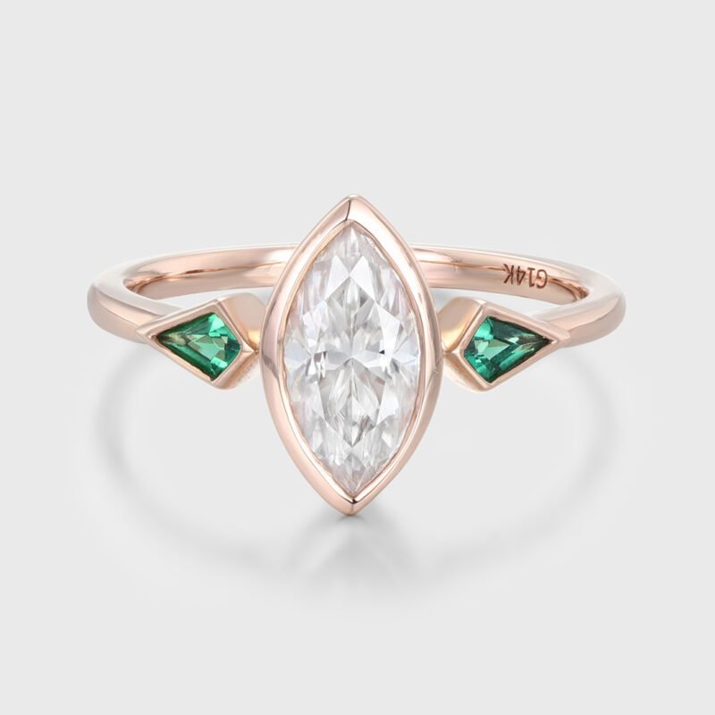 1.0Ct Marquise Cut Moissanite Engagement Ring Bezel Set Kite Cut Lab Emerald Wedding Ring Three Stone Green Ring