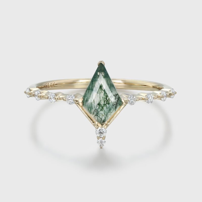 1.0ct Kite Cut Natural Moss Agate Engagement Ring Vintage 14K Rose Gold Diamond Wedding Ring