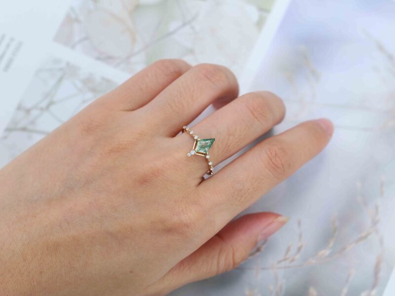 1.0ct Kite Cut Natural Moss Agate Engagement Ring Vintage 14K Rose Gold Diamond Wedding Ring