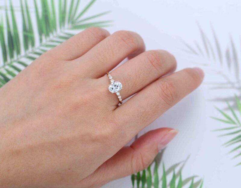 1.5CT Oval Moissanite Engagement Ring Women 14K Solid Gold Diamond Ring Vintage Half Eternity Wedding Ring Bridal Promise Anniversary Gift