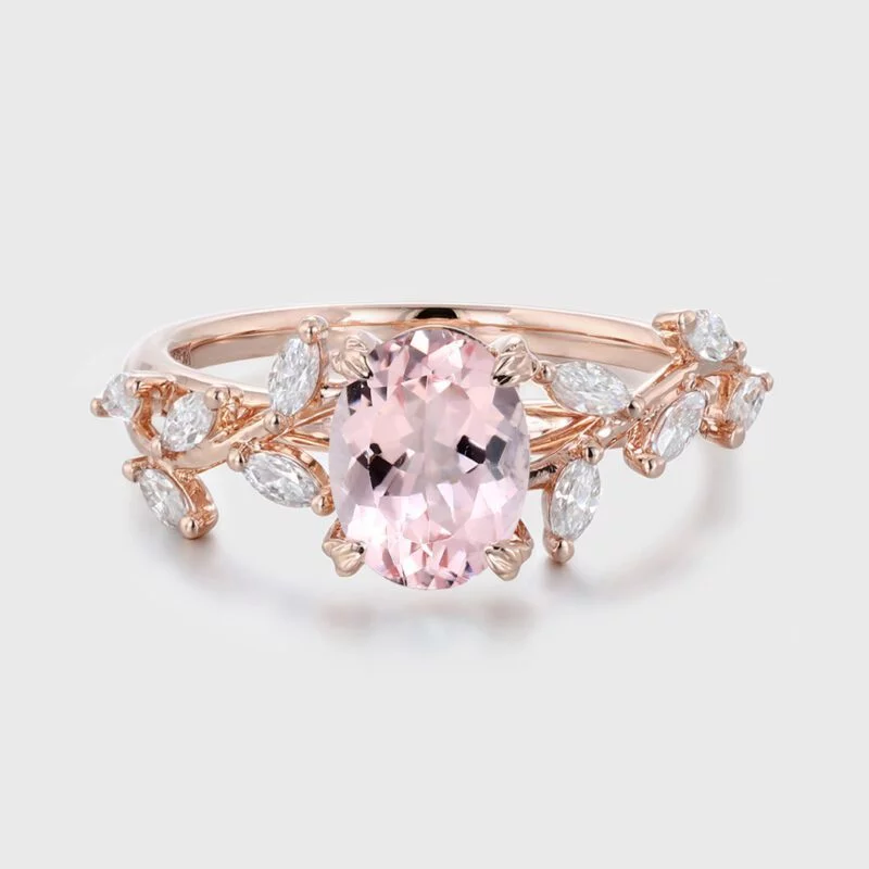 1.5CT Oval Shaped Morganite Ring 14K Solid Gold Engagement Ring Branch Marquise Moissanite Cluster Ring