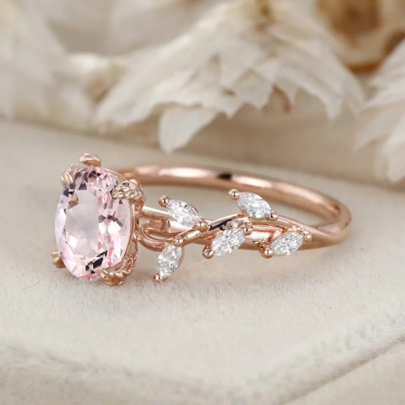 1.5CT Oval Shaped Morganite Ring 14K Solid Gold Engagement Ring Branch Marquise Moissanite Cluster Ring