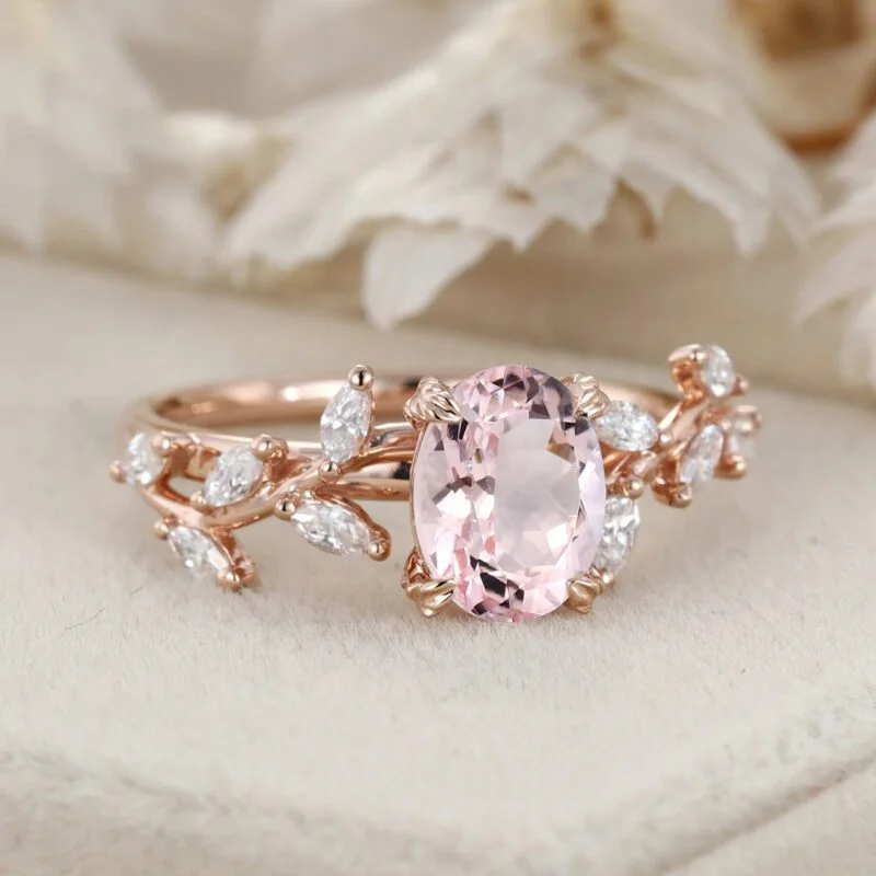 1.5CT Oval Shaped Morganite Ring 14K Solid Gold Engagement Ring Branch Marquise Moissanite Cluster Ring