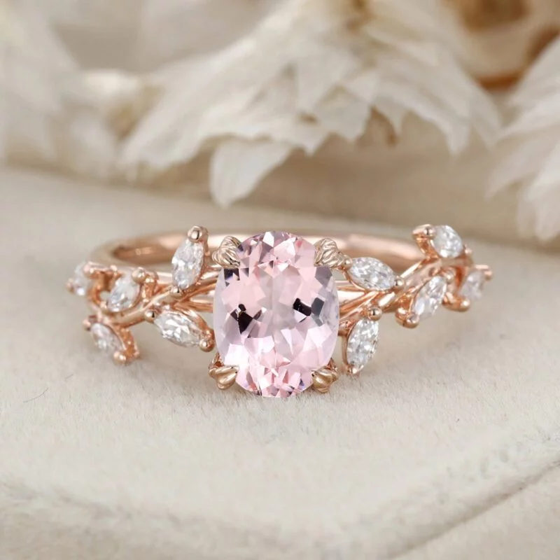 1.5CT Oval Shaped Morganite Ring 14K Solid Gold Engagement Ring Branch Marquise Moissanite Cluster Ring