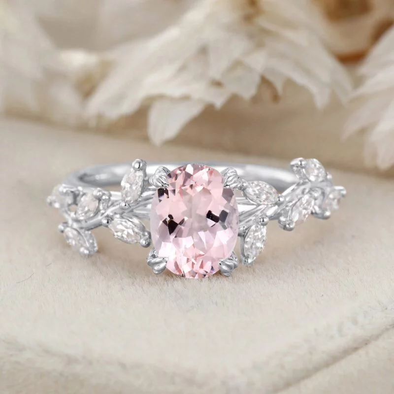 1.5CT Oval Shaped Morganite Ring 14K Solid Gold Engagement Ring Branch Marquise Moissanite Cluster Ring