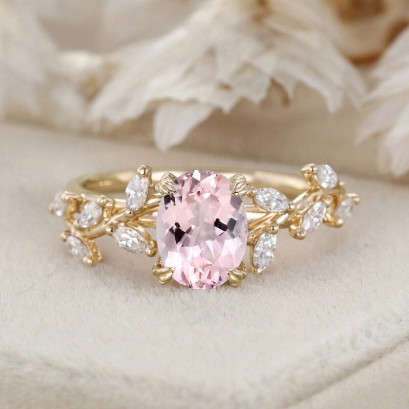 1.5CT Oval Shaped Morganite Ring 14K Solid Gold Engagement Ring Branch Marquise Moissanite Cluster Ring