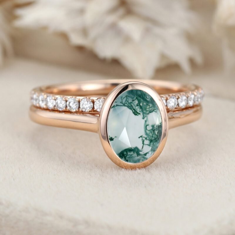 1.5CT Oval Shaped Natural Moss Agate Ring Set 14K Rose Gold Engagement Ring Bezel Setting Ring Moissanite Wedding Ring Set