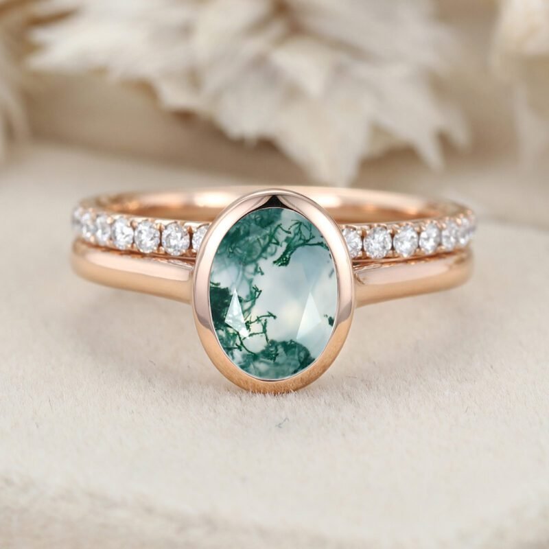 1.5CT Oval Shaped Natural Moss Agate Ring Set 14K Rose Gold Engagement Ring Bezel Setting Ring Moissanite Wedding Ring Set