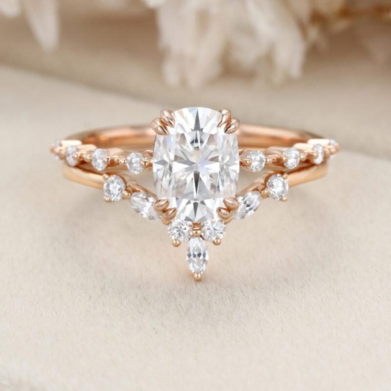1.5ct Cushion cluster Moissanite engagement ring set Vintage Rose gold engagement ring Unique Marquise ring Bridal set promise Anniversary gift