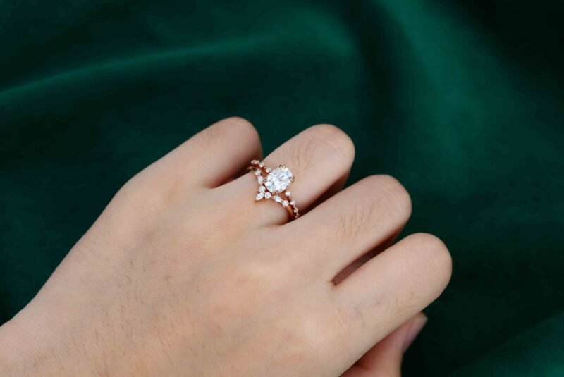 1.5ct Cushion cluster Moissanite engagement ring set Vintage Rose gold engagement ring Unique Marquise ring Bridal set promise Anniversary gift