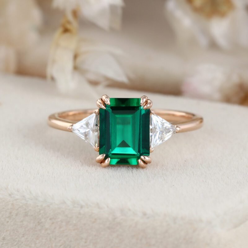 1.5ct Emerald engagement ring Rose gold engagement ring Vintage triangle moissanite ring simulate diamond ring Bridal promise Anniversary