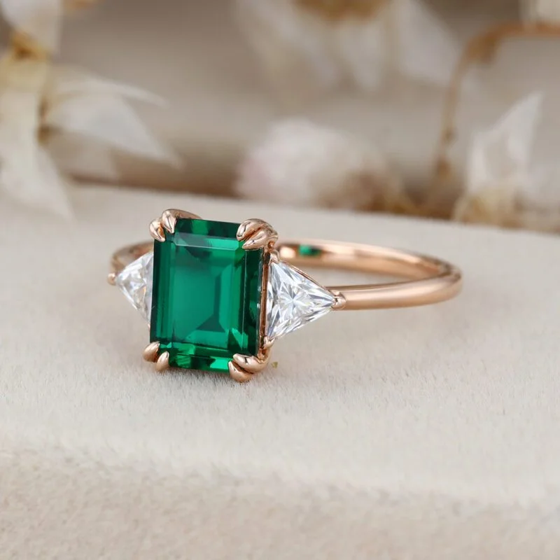 1.5ct Emerald engagement ring Rose gold engagement ring Vintage triangle moissanite ring simulate diamond ring Bridal promise Anniversary