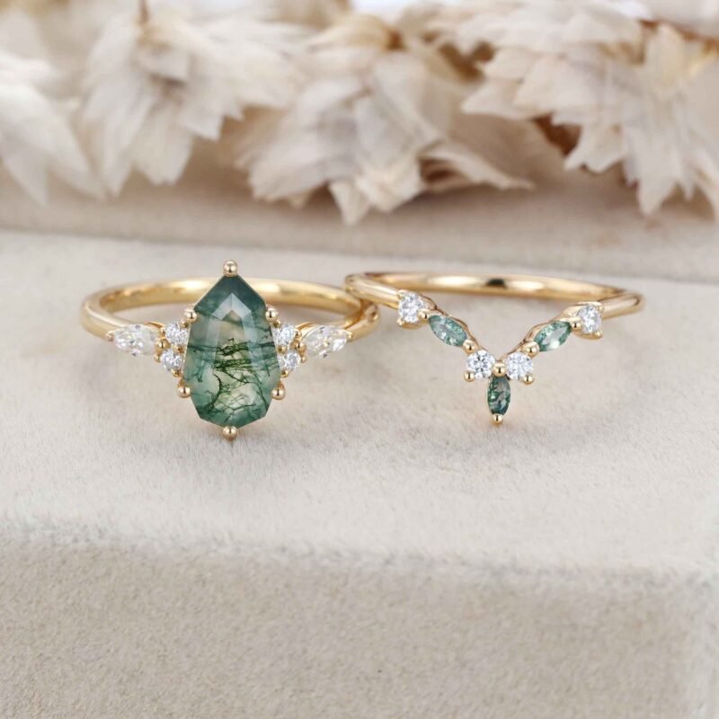 1.5ct Natural Moss Agate Engagement Ring Set 14K solid Gold Ring Geometric Shape Moss Agate Ring Cluster Moissanite Bridal Ring For Women