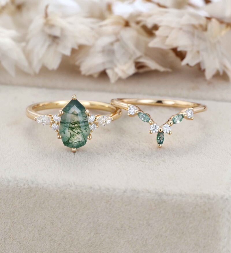 1.5ct Natural Moss Agate Engagement Ring Set 14K solid Gold Ring Geometric Shape Moss Agate Ring Cluster Moissanite Bridal Ring For Women