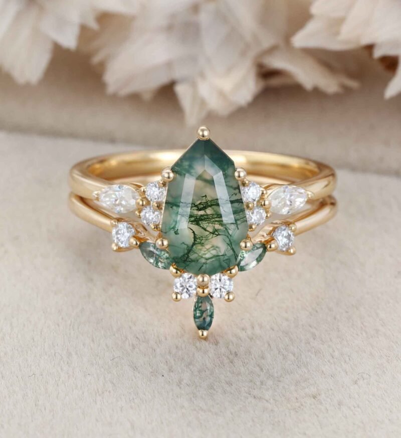 1.5ct Natural Moss Agate Engagement Ring Set 14K solid Gold Ring Geometric Shape Moss Agate Ring Cluster Moissanite Bridal Ring For Women