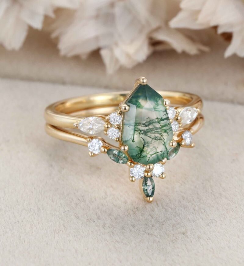 1.5ct Natural Moss Agate Engagement Ring Set 14K solid Gold Ring Geometric Shape Moss Agate Ring Cluster Moissanite Bridal Ring For Women