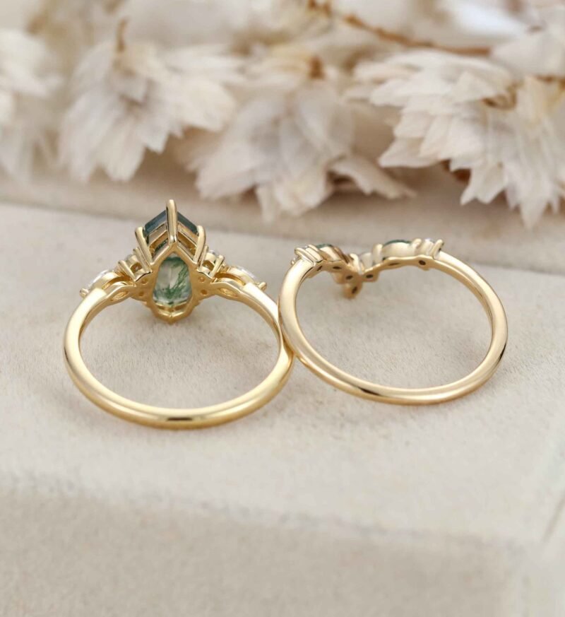 1.5ct Natural Moss Agate Engagement Ring Set 14K solid Gold Ring Geometric Shape Moss Agate Ring Cluster Moissanite Bridal Ring For Women