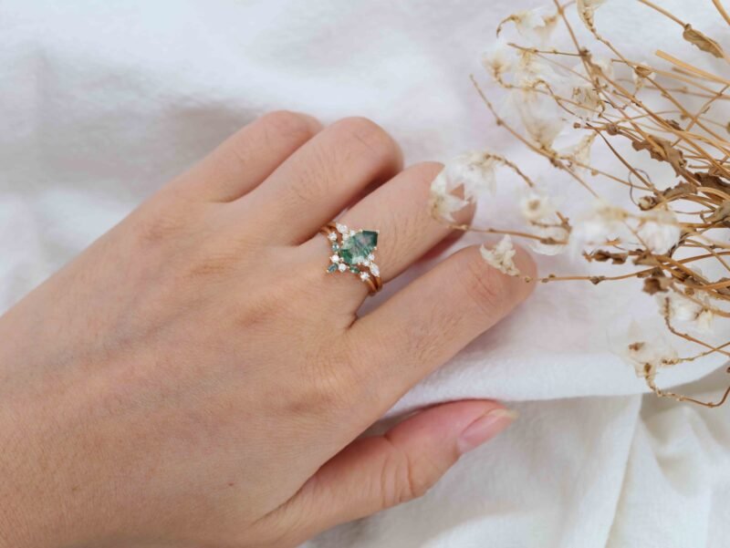 1.5ct Natural Moss Agate Engagement Ring Set 14K solid Gold Ring Geometric Shape Moss Agate Ring Cluster Moissanite Bridal Ring For Women