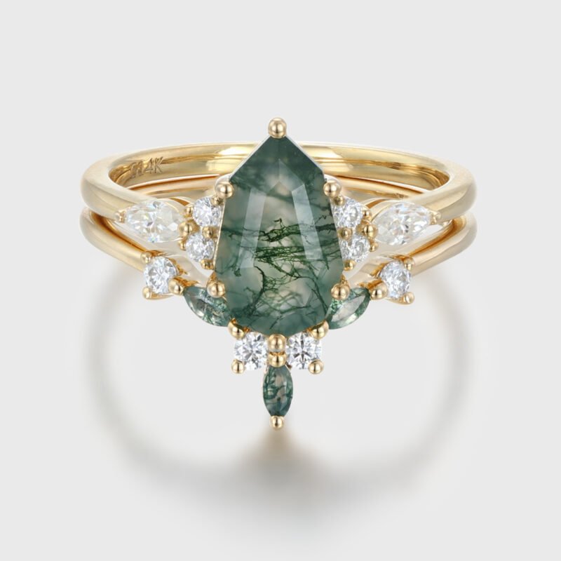 Natural Moss Agate Engagement Ring Set in 14K Solid Gold, Geometric Shape Moss Agate with Moissanite Cluster Bridal Ring for Women