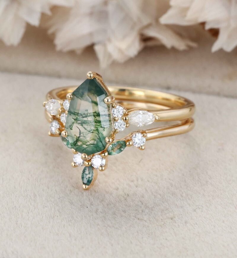 1.5ct Natural Moss Agate Engagement Ring Set 14K solid Gold Ring Geometric Shape Moss Agate Ring Cluster Moissanite Bridal Ring For Women