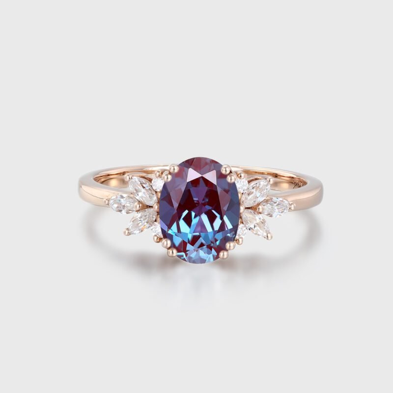 Oval Cut Alexandrite and Diamond Engagement Ring Vintage Rose Gold Cluster Bridal Promise Ring Anniversary Gift