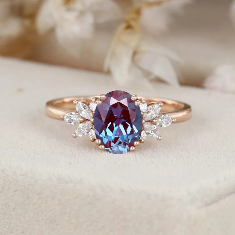 1.5ct Oval Alexandrite engagement ring Vintage Rose gold cluster engagement ring Moissanite Marquise Bridal promise ring Anniversary gift