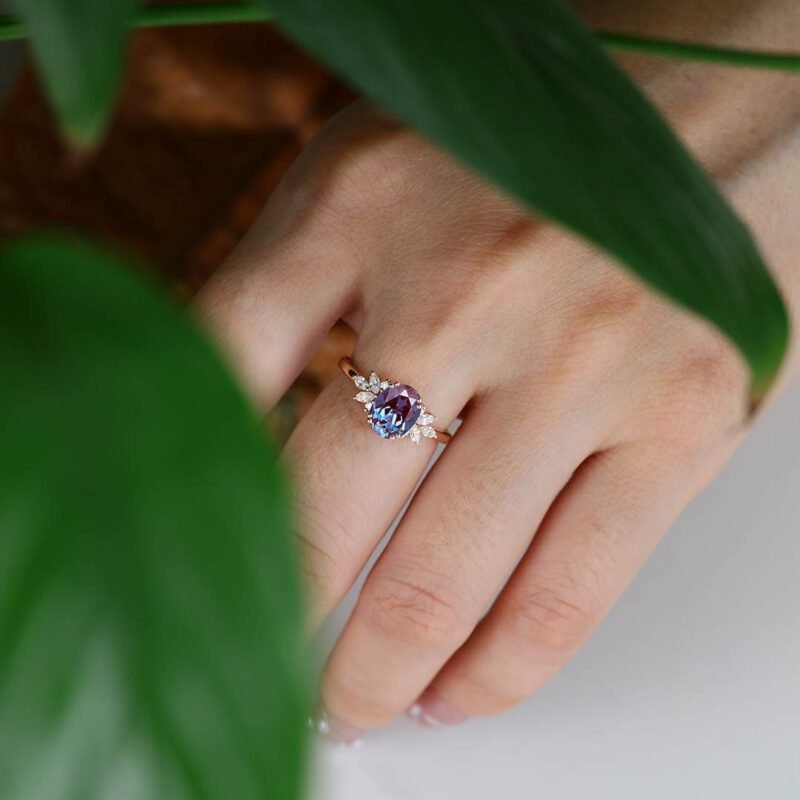 1.5ct Oval Alexandrite engagement ring Vintage Rose gold cluster engagement ring Moissanite Marquise Bridal promise ring Anniversary gift