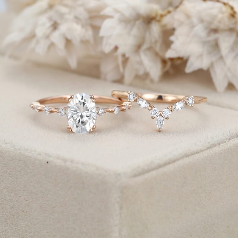 1.5ct Oval Moissanite engagement ring set Vintage Rose gold engagement ring women Unique Marquise ring Bridal set promise Anniversary gift