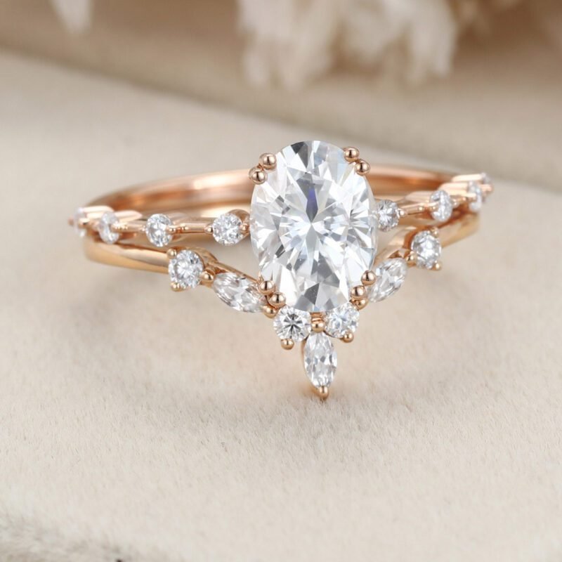1.5ct Oval Moissanite engagement ring set Vintage Rose gold engagement ring women Unique Marquise ring Bridal set promise Anniversary gift