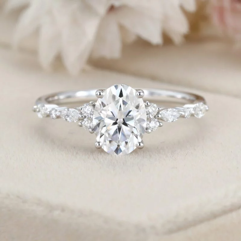 1.5ct Oval moissanite engagement ring women Unique White gold engagement ring Promise Anniversary gift ring Vintage cluster diamond ring