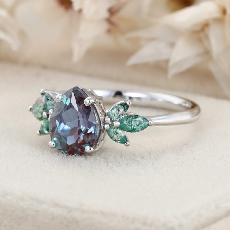 1.5ct Pear Alexandrite Engagement Ring Set Vintage Rose Gold Cluster Engagement Ring Marquise Moss Agate Wedding Bridal Promise Gift