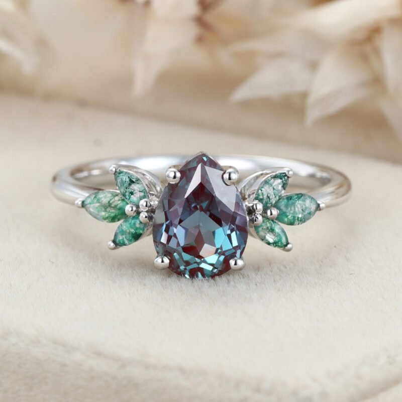 1.5ct Pear Alexandrite Engagement Ring Set Vintage Rose Gold Cluster Engagement Ring Marquise Moss Agate Wedding Bridal Promise Gift