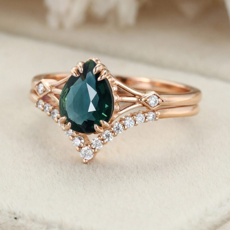 1.5ct Pear Blue green sapphire engagement set vintage Rose gold engagement ring set women Moissanite Bridal Anniversary gift ring